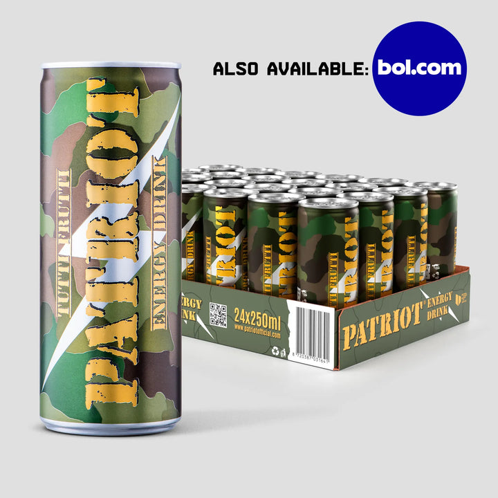 patriot classic energy drink with tray of 24 cans and bol.com logo