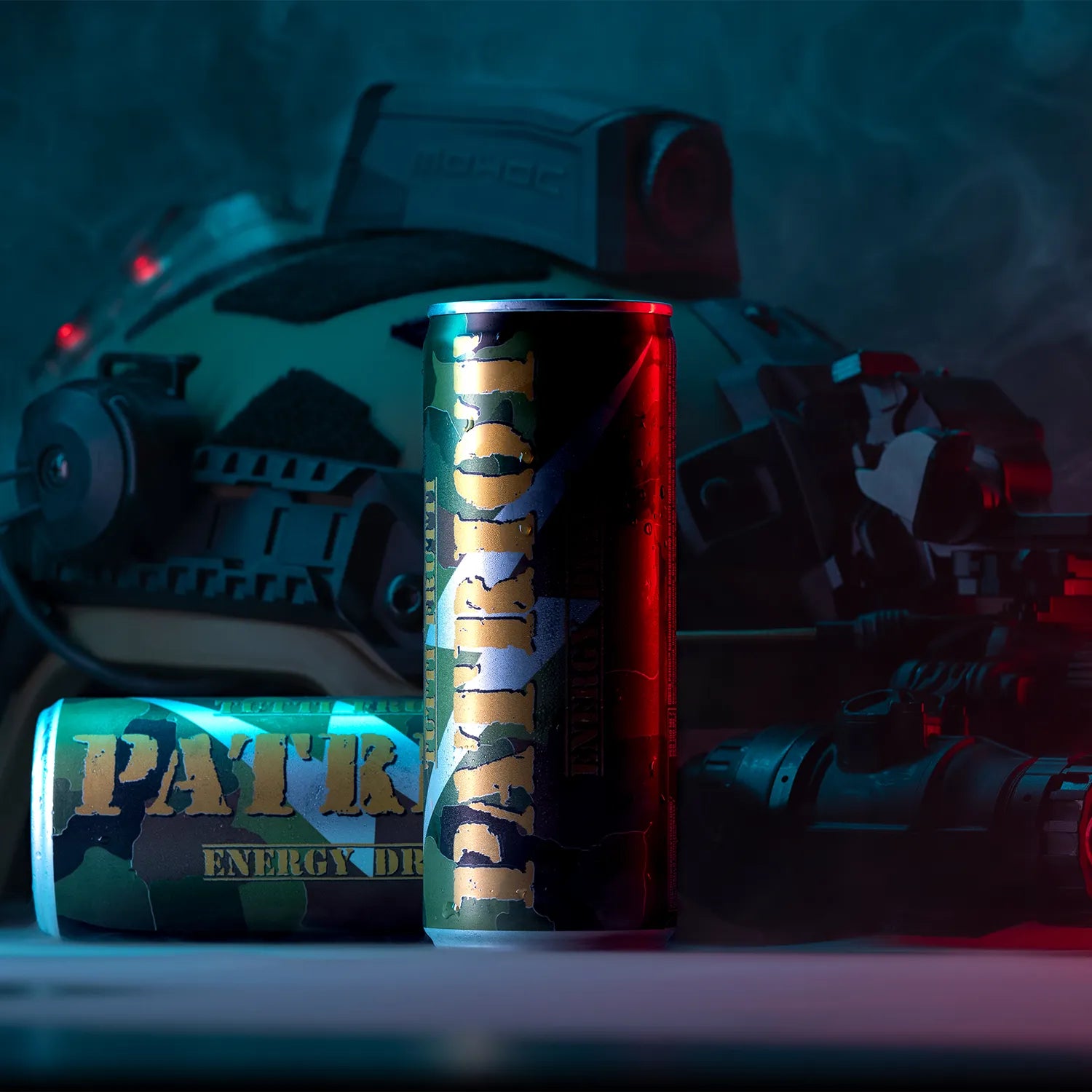 image of Patriot energy drink classic in front of military gear